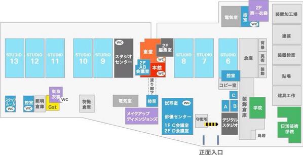 3104goto31's tweet photo. いまさらラブ虹当時の日活撮影所案内図を見たら、現在のと若干違ってました。正面入り口左の俳優センターとか、6スタジオ控え室はいまの図にはないですね。
当時日活撮影所のHPに載ってたのはこちらの図でした。 http://t.co/A6no0XQcwO