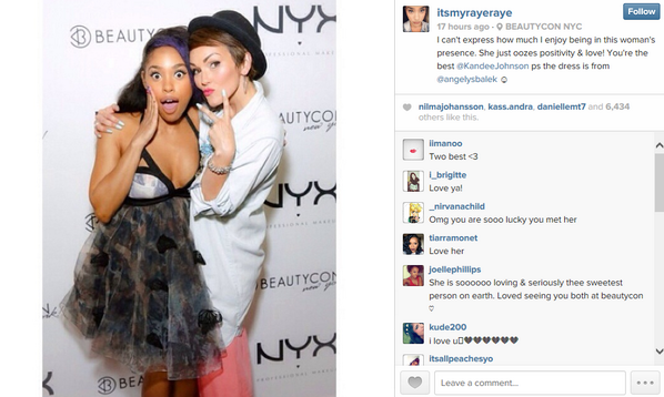 Beauty vlogger <a href="/ItsMyRayeRaye/">Raye Boyce</a> poses in the Heaven's Garden dress with <a href="/kandeejohnson/">Kandee Johnson</a> during BeautyCon! Love this! xo