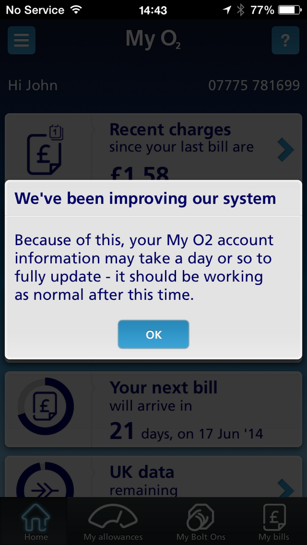 johnnorrisUK's tweet image. @O2 sure. Thanks. Here is shot of what I get. Prev message said expect normal service from 21 May #myo2 #o2help