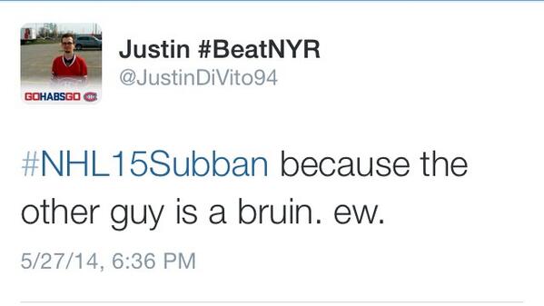 TheEliteTendy's tweet photo. The only reasoning some people can think of to vote for Subby.... Seen related stuff numerous times 😂
#NHL15Bergeron http://t.co/5Fpg2aqLjY