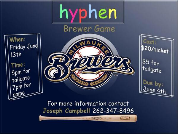 ElimHyphen's tweet photo. This year's hyphen tailgate/Brewers game is Friday June 13th. Don't miss out, money is due June 4th! http://t.co/JZfi3zQom0