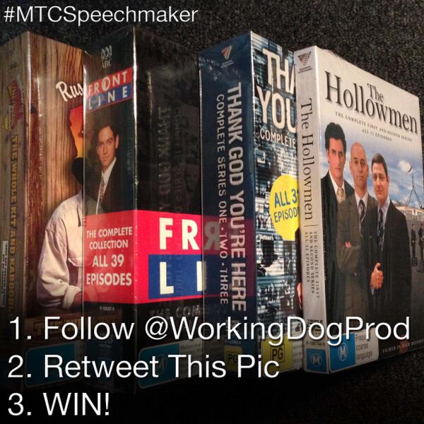 workingdogprod's tweet image. To celebrate #MTCSpeechmaker starting this Sat, we're giving away a prize pack of our box sets! Follow+RT 2 win!