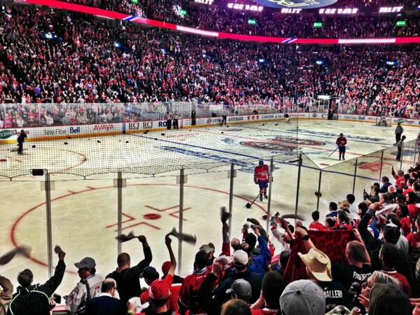 NHL's tweet photo. HAT TRICK ALERT: Rene Bourque tallies his third of the night and the hats come raining down at Bell Centre. 6-4 #Habs http://t.co/b9Jdvp9U3j