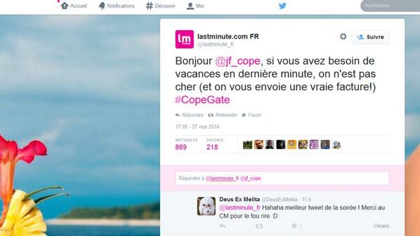 Le_Figaro's tweet photo. Le voyagiste @lastminute_com rebondit sur l'affaire Copé en lui proposant des vacances >> http://t.co/dO5xrcR819 http://t.co/I7ms0dxOyZ