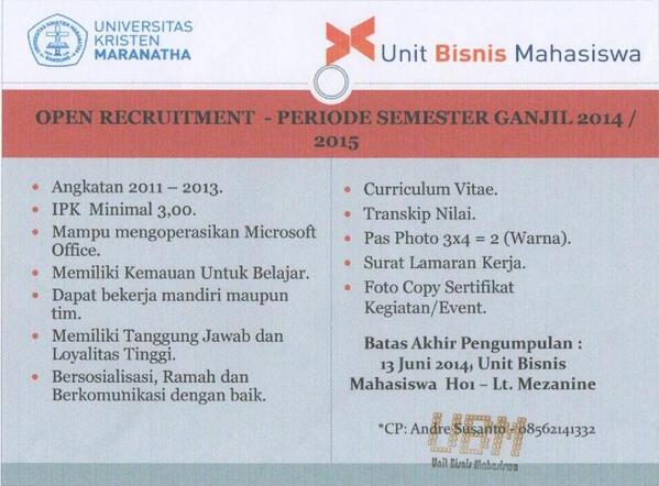 #MCUInfo OPEN RECRUITMENT <a href="/UBM_MCU/">UnitBisnisMahasiswa</a> – PERIODE SEMESTER GANJIL 2014/2015. Batas akhir pengumpulan: 13 Juni 2014. :)