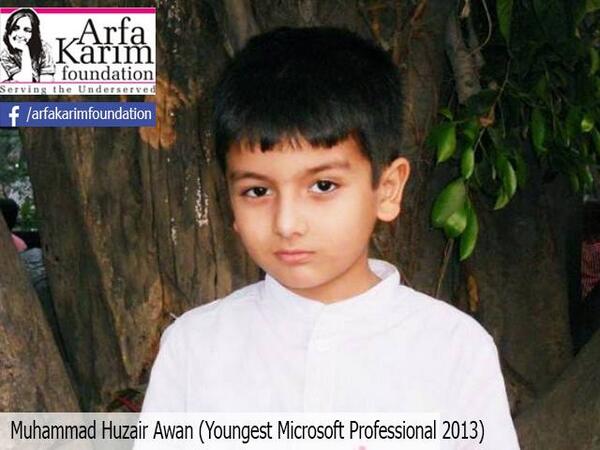 ArfaKarimFdn's tweet photo. Arfa Karim Foundation announces Excellence award for Muhammad Huzair Awan Youngest Microsoft Certified IT Expert http://t.co/PA40aTD8zY