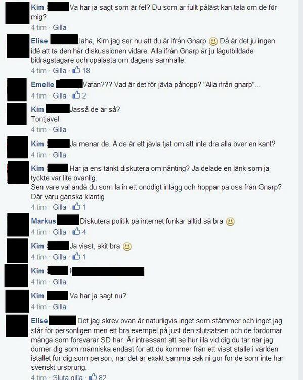emanuelkarlsten's tweet photo. Det är väl såhär rasism och främlingsfientlighet ska hanteras. Tack Elise för ett fantastiskt exempel! http://t.co/UrQDkMqhKq
