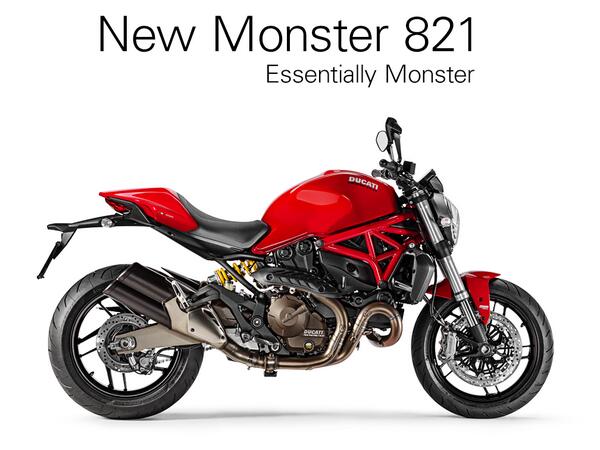 DucatiMotor's tweet photo. Introducing the new Monster 821. Essentially Monster. #newmonster #iridemonster #monster821 http://t.co/JiEbSaoNVy