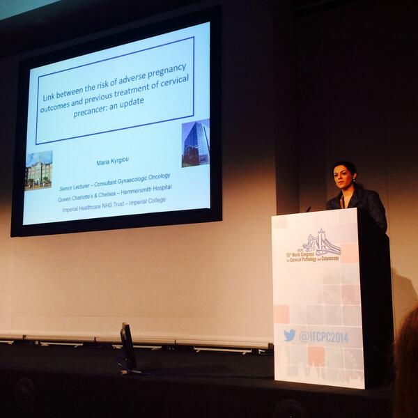 GynaeGeek's tweet image. Risk of pre-term birth after cervical conisation? Find out from Dr Mara Kyrgiou in the Mountbatten Room #IFCPC2014