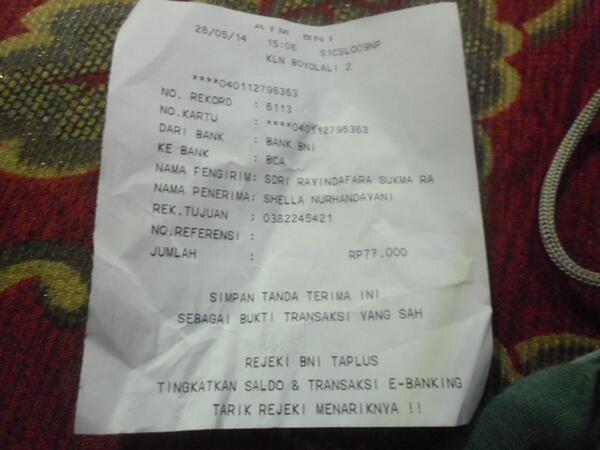 TrustedOutlet's tweet photo. Say ini bukti apa yah? Itu bukan no rek aku "@Naominizers_Byl: Itu say bukti transfernya^^ @TrustedOutlet http://t.co/e01zqYdCOC"