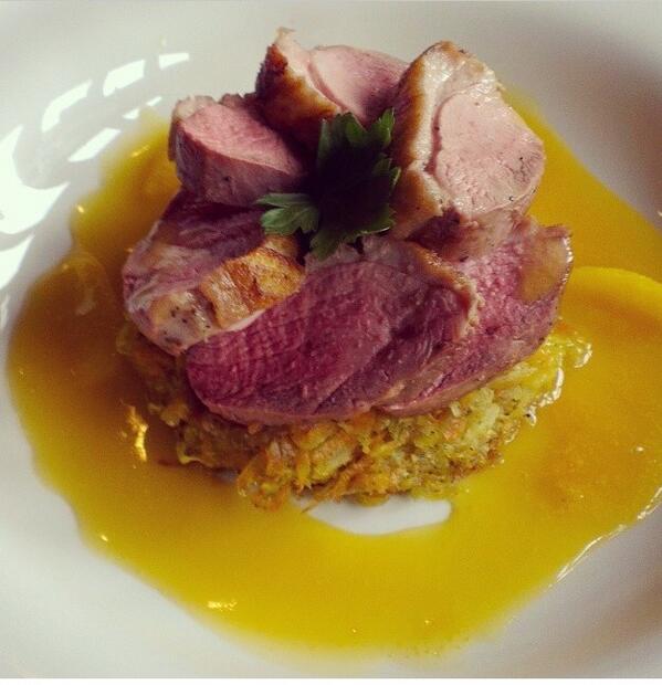 Newtons_Clapham's tweet photo. Duck breast with celeriac &amp; ginger rosti &amp; a orange &amp; brandy sauce #duck #ginger #orange http://t.co/Q0icqHHhg9
