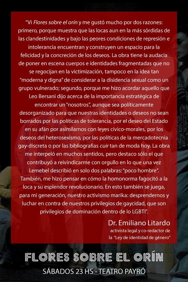 ELVAHIDO's tweet photo. #FloresSobreElOrín éxito de crítica y público  SAB 23:30hs. @TeatroPayro http://t.co/D9bGFqwKbQ auspician @CHAArgentina @ELVAHIDO