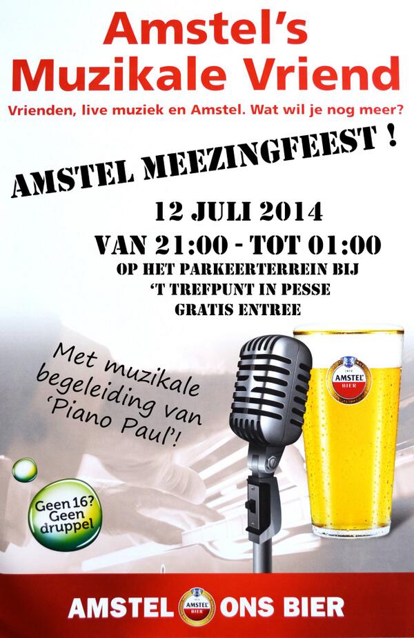 TrefpuntPesse's tweet photo. Zegt het voort: 12 juli AMSTEL MEEZINGFEEST bij 't Trefpunt! :) please RT http://t.co/JafAeBeqcY