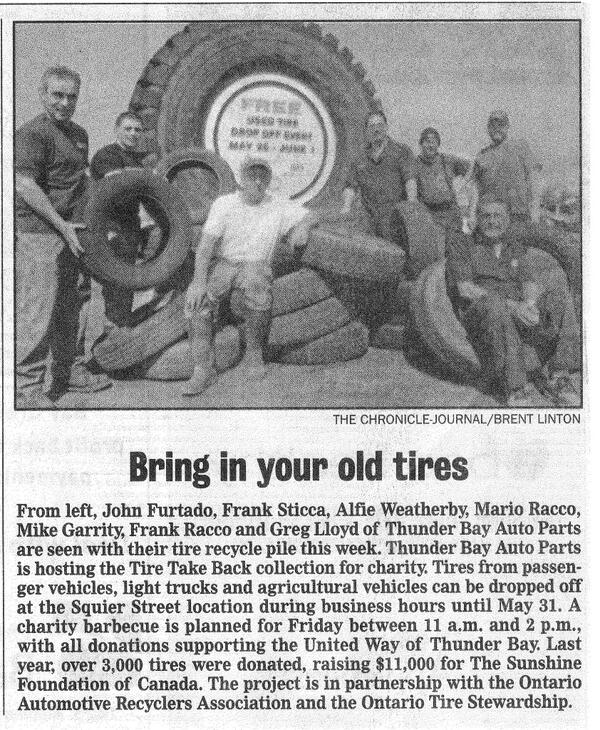 Tbauto's tweet image. Our crew made the front page of @CJ_ThunderBay #Tiretakeback @RethinkTires making child's dreams come true #TBay