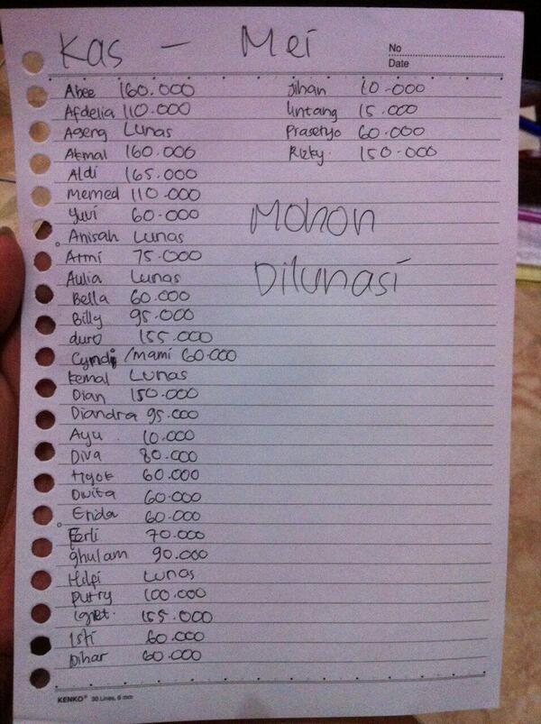 SocialSiji's tweet photo. Selamat malam.....
Ini daftar uang kas yang belum lunas segera dilunasi, bayarnya di erida ya. Terakhir hari sabtu xx http://t.co/qmn0SaXLFI