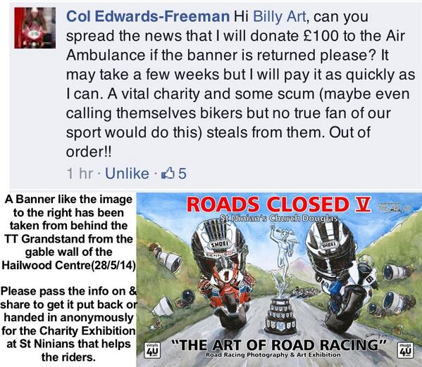 @Adamchildchad <a href="/IOMTTPHOTOS/">iomTTphoTTos🇮🇲</a> <a href="/iomttraces/">Nick</a> <a href="/thepeoplesbike/">thepeoplesbike</a> #iomtt charity banner stolen please RT info to get it back