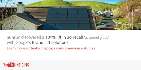ThinkwithGoogle's tweet image. .@Sunrun saw a 101% lift in ad recall using @Google's Brand Lift solutions #ytinsights goo.gl/RO8XMZ