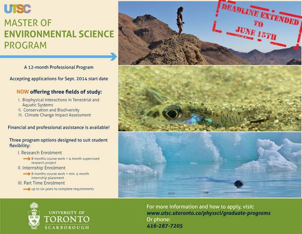 UTSC_weather's tweet photo. The application deadline has been extended for the Master of Environmental Science Program at #UTSC. Apply today!! http://t.co/qBSQcxlks8