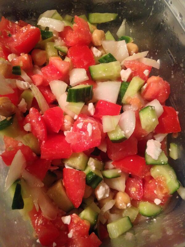 Tomatoes, Cucumber, Onion, Garbanzo beans, feta, olive oil, red wine vinegar. #oookillem #Foodisbeautiful 💘