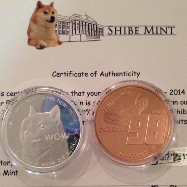 pinguino's tweet image. Got some physical @ShibeMint #dogecoin!! Such shine. Excite. So spend on moon.