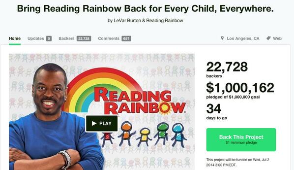MeredithFrost's tweet photo. Good job, Internet! You raised $1 million in 1 day for the Reading Rainbow Kickstarter project http://t.co/WGKPv1WPq3 http://t.co/f1BZXTpUEz