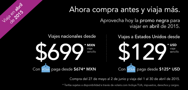 viajaVolaris's tweet photo. ¿Quién quiere ahorrar para el próximo abril? La #PromoNegra ya está activa con excelentes tarifas http://t.co/5uRmCdSo3N
