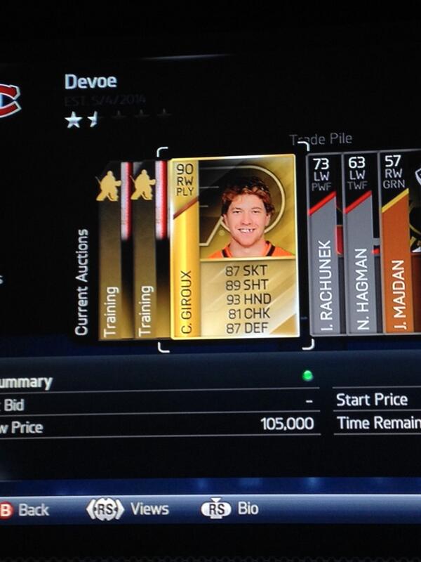 Chel14HUT's tweet photo. Send trades, team name: Devoe, 30 mins left @xTechNHL @DontBeSaad20 @RehanekYT RT? http://t.co/MeIfQ9dO5Z
