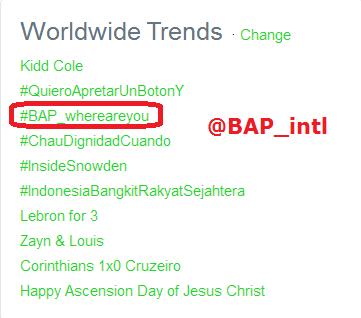 BAP_Vault's tweet photo. [INFO] #BAP_whereareyou is trending in worldwide trends~!!! #어디니뭐하니 http://t.co/SDsjR6lLMs
