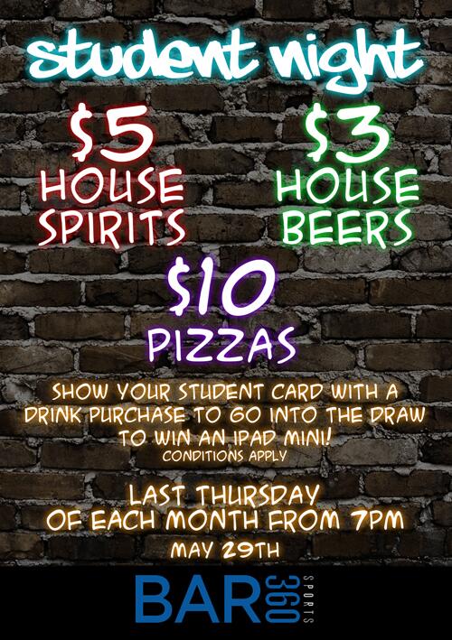 Student night is back again! $3 beers, $5 spirits and $10 pizzas #cheapdrinks #studentnight @TAFE_SWSi @UWS