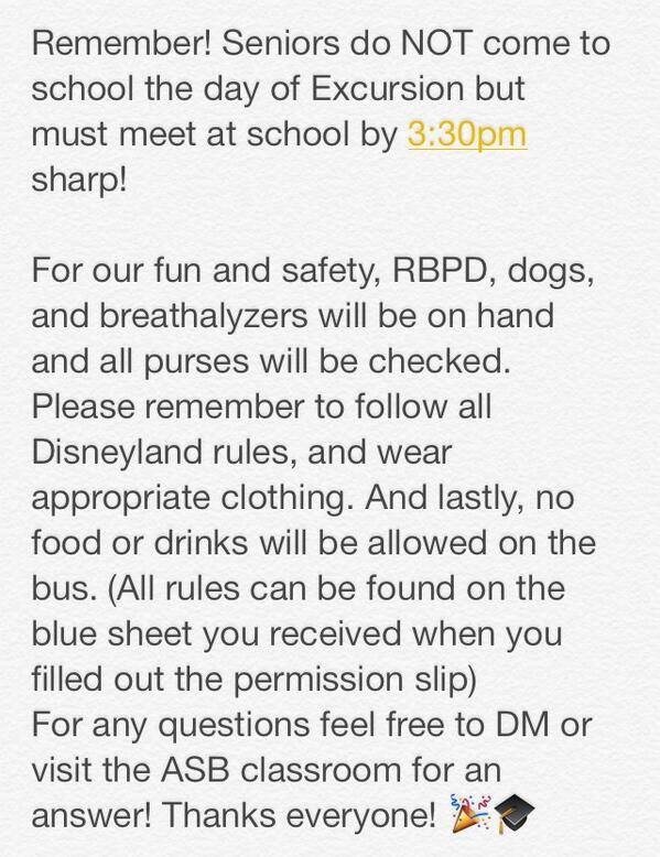 SENIORS!!! Excursion is right around the corner! 😁😃 Check out these reminders before you go!