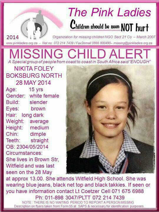PigSpotter's tweet image. #Missing Nikita Foley from Boksburg North.