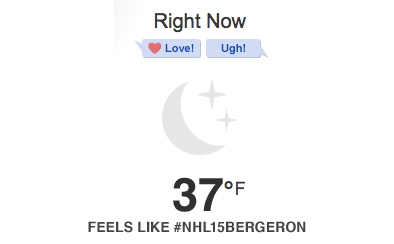 NHLBruins's tweet photo. May be cold in Boston right now, but we'll take it... #NHL15Bergeron http://t.co/2mlVL5RT0d
