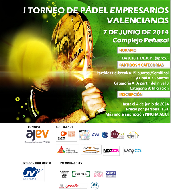 AJEValencia's tweet photo. La Terraza Gourmet, @JVLIMPIEZAS @FindPadel @JRVALLESEATvlc patrocinan el I Torneo de #padel para empresarios http://t.co/VzTOWkV1W6