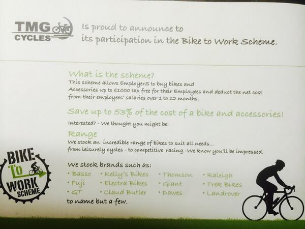 TmgCycles's tweet photo. Cycle to Work Scheme Dublin Mid Leinster bike to work employees.

53% Savings! 

#BikeToWork #CycleToWork http://t.co/awKV7XNemp
#taxback