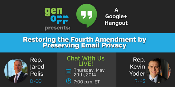Don't miss our Google Hangout tomorrow w/@RepKevinYoder  (R) &@JaredPolis (D)! bit.ly/1npItva  #EmailPrivacy