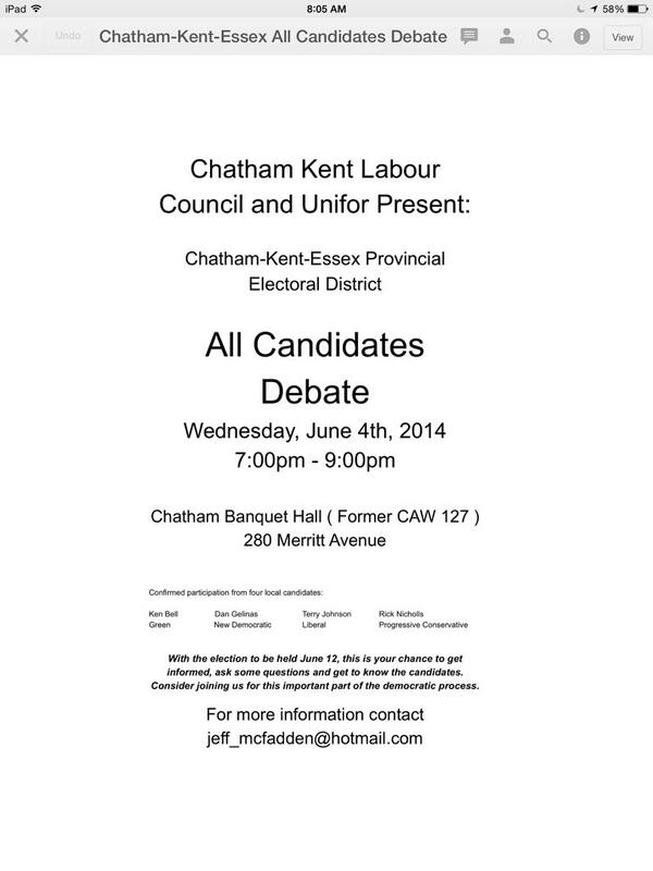 C_KLC's tweet photo. Public Welcome All Candidates Debate Chatham-Kent-Essex June 4th from 7:00 pm-9:00 pm at former CAW Hall on Merritt http://t.co/1Vn3bjX1pG