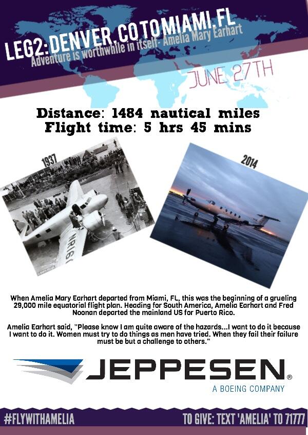 Amelia__Earhart's tweet photo. Leg #2 of the world flight takes us from Denver to Miami, over the Midwest and into the deep South. @JeppDirect http://t.co/jRh2eEQQfi