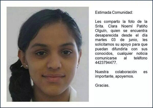fundacionfind's tweet photo. Clara Noemi esta #desaparecida  ayudanos a difundir su fotografía @AAMBER_mx @QroAlDia @CiudadyPoderQ http://t.co/p06OqDO2FV #RTconcausa