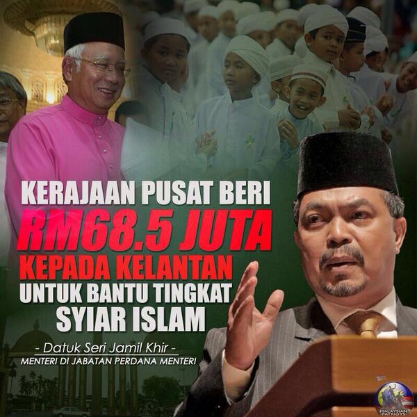 Kerajaan bawah pimpinan Ds <a href="/NajibRazak/">Mohd Najib Tun Razak</a>  memberikan RM68.5 Juta untuk pembangunan Islam di Kelantan pimpinan PAS.