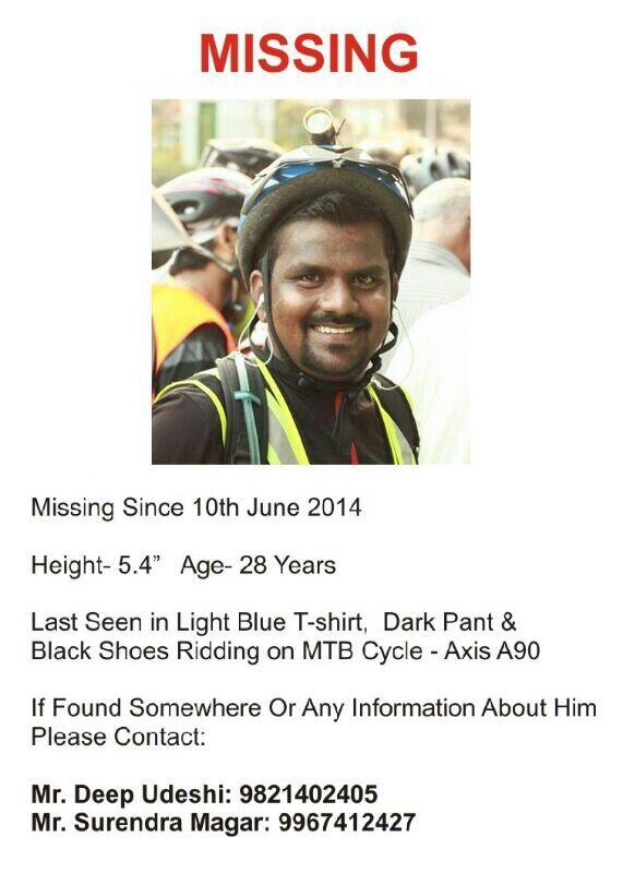 MumbaiCyclists's tweet photo. Hey guys. A member of ours has gone missing since yesterday while on a ride in the Vasai area of Mumbai. Please RT http://t.co/1P9DL8RIek