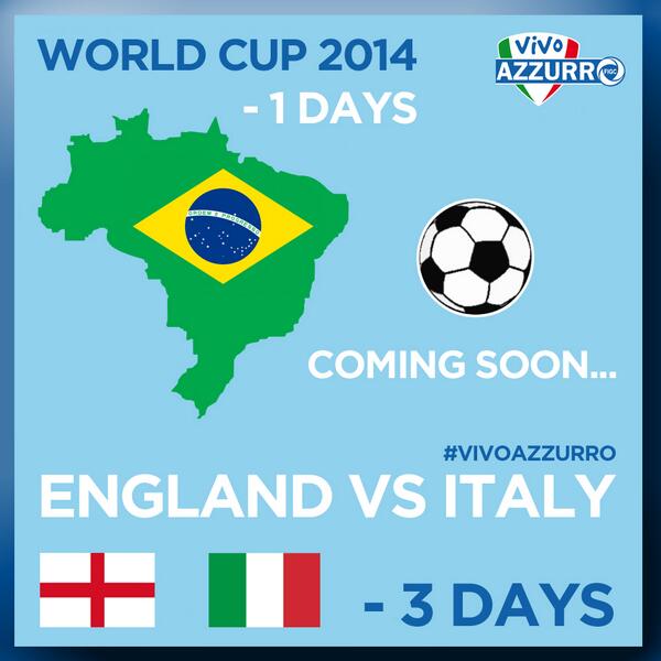 Azzurri's tweet photo. Domani inizia la Coppa del Mondo, -3 giorni a #Inghilterra vs #Italia  #VivoAzzurro #Nazionale #Mondiali #ITA http://t.co/x3rULX1mly