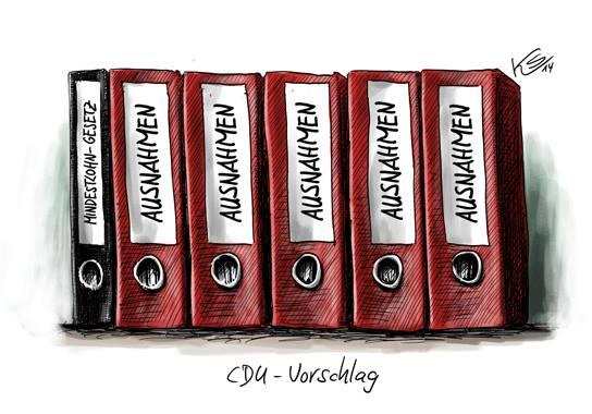 Der Karikaturist Klaus Stuttmann bringt den Mindestlohn der CDU auf den Punkt.