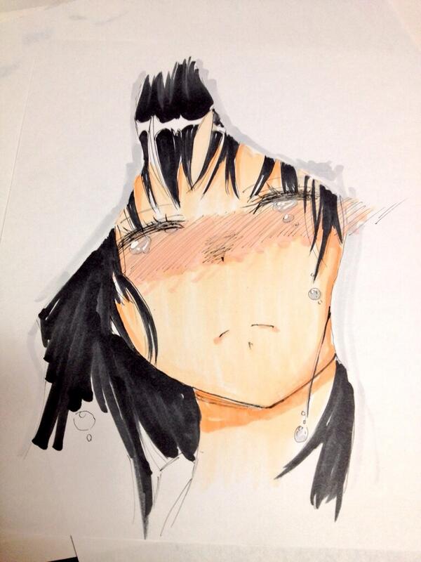1girl solo black hair tears closed eyes traditional media blush  illustration images