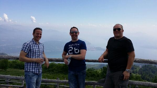 JESolb's tweet photo. Intelecom crew enjoying the view after a Gondol ride up to Mottarone(??), Stresa #Airheadsconf http://t.co/MzQYExCay1