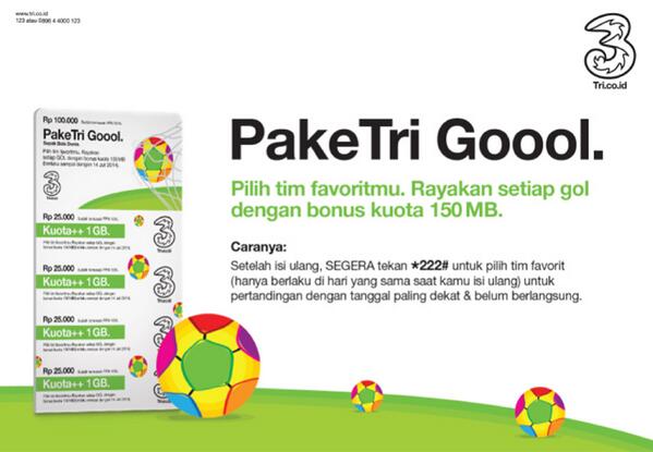 kini telah hadir voucher++ PakeTri Bola kuota 1GB