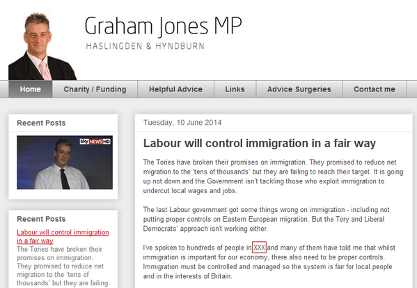 Liebour's tweet photo. @GrahamJones_MP Forgot to edit the script he uploaded to his website, notice XXX for location. http://t.co/5IqMxKfphX