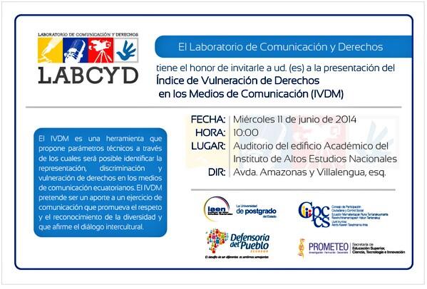 DEFENSORIAEC's tweet photo. HOY a las 10h00 en el auditorio del @IAENEDU se realizará la presentación del #IMVD #ComunicaciónResponsable http://t.co/rXIjvODw4g