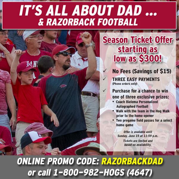 Looking for the perfect Father's Day gift? How about Razorback Football? Check out our offer: bit.ly/1nwXpck