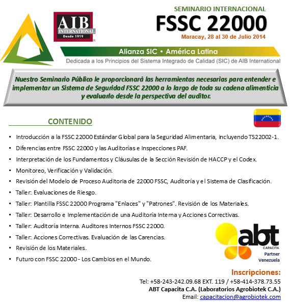 abtcapacita's tweet photo. CURSOS AIB 28,29,30Jul: Sistema de Seguridad #FSSC22000 Introducción,Interpretación, Implementación / Auditor Interno http://t.co/7cpKlThjb1