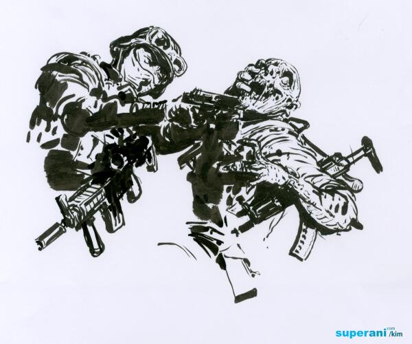 凄腕漫画家 金政基のイラスト紹介 U Tvitteri 特殊部隊の人vsゾンビ 黒だけで表現されているのがクール T Co Inflfgcijm